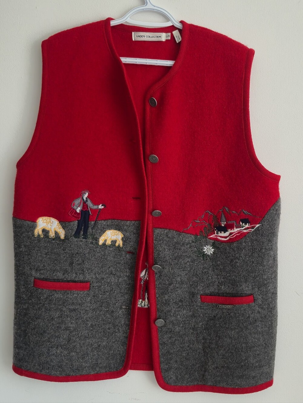 Vintage Gaddy Collection Wool Embroidered Alpine Vest Red Gray Shepherd, L